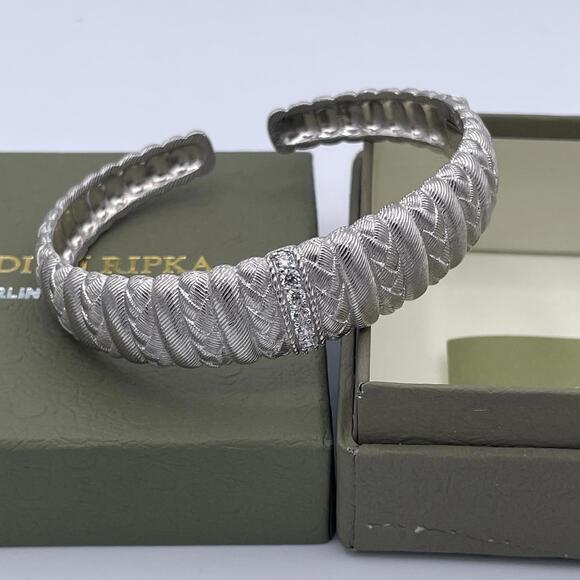 Judith Ripka Sterling Silver Braided Cuff Bracelet CZ Center 6.5” Vintage QVC - Picture 7 of 12
